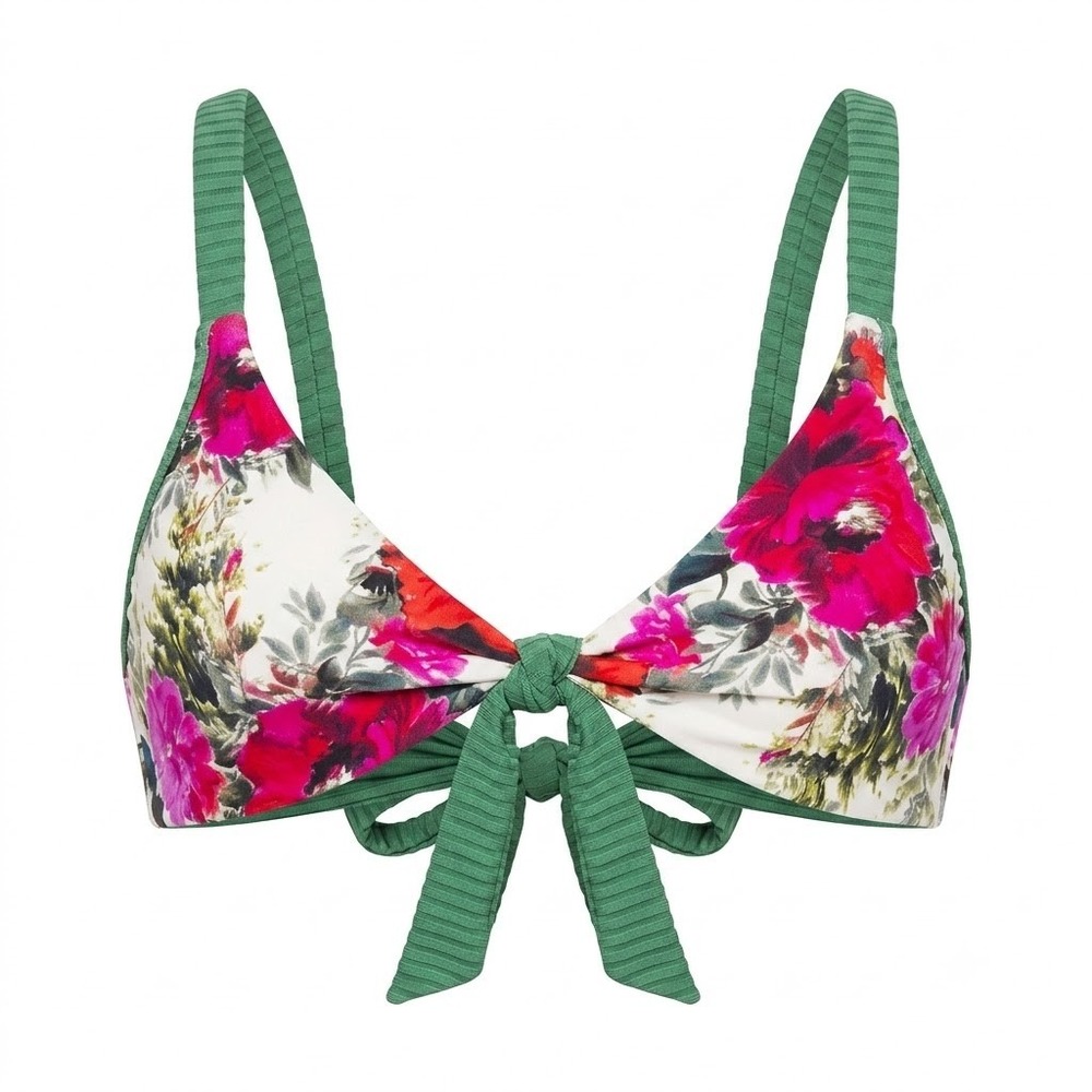 PQ Swim Reversible Drew Knot Tie Bikini Top Emerald Green Floral Small - IW